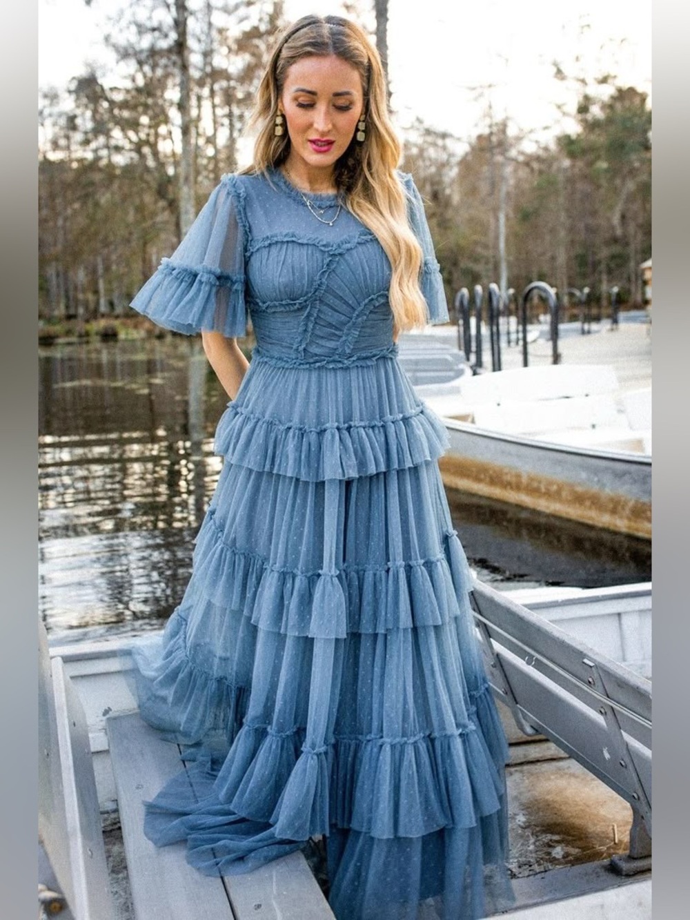 Ivy City Co Slate Blue Whimsical Ruffled Tulle Midi Formal Dress